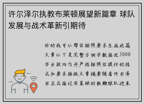 许尔泽尔执教布莱顿展望新篇章 球队发展与战术革新引期待 许尔泽尔执教布莱顿展望新篇章 球队发展与战术革新引期待